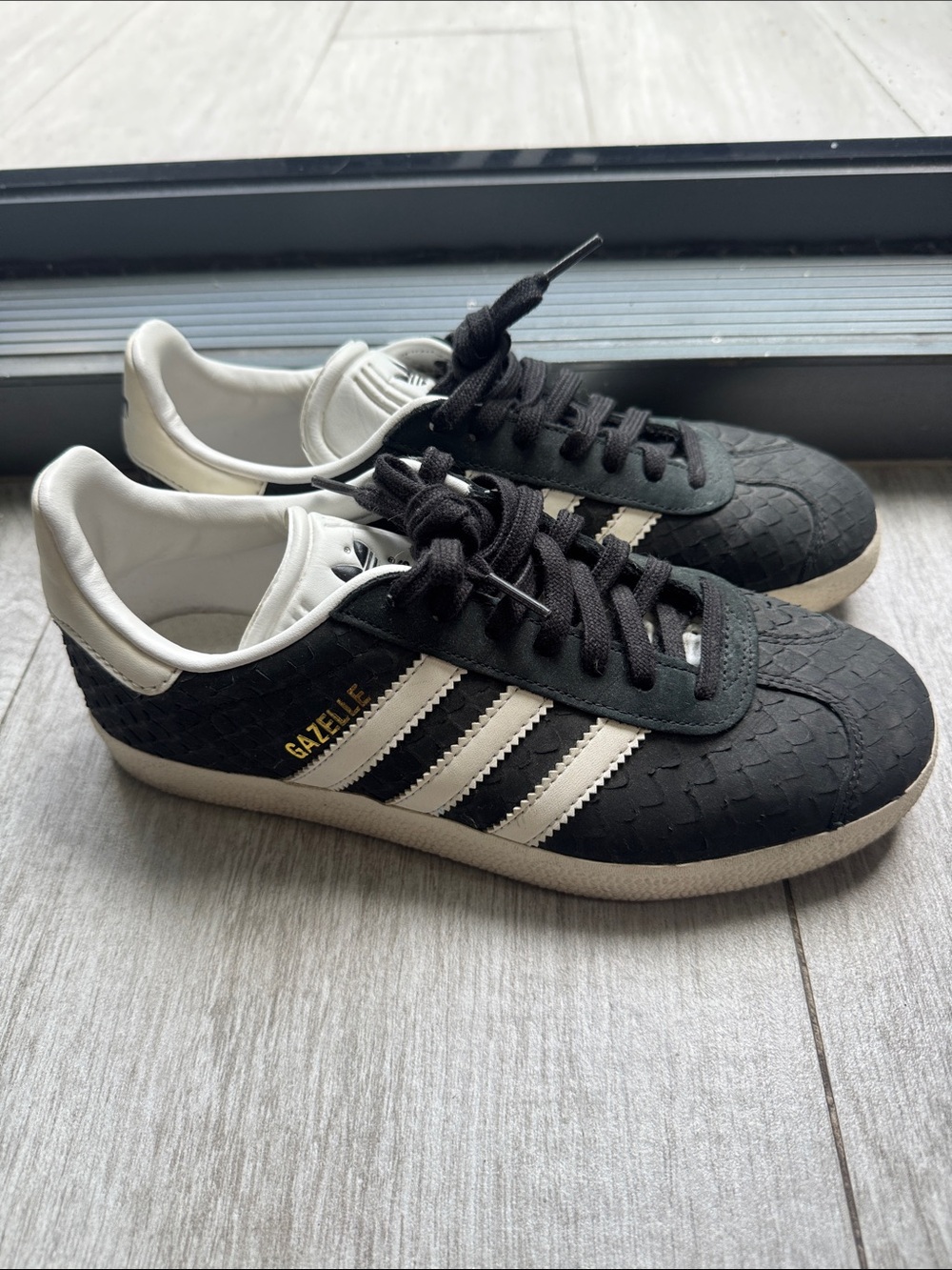 adidas Black and White Gazelle Sneakers with Gold Text Size 6.5 Sliced Snake